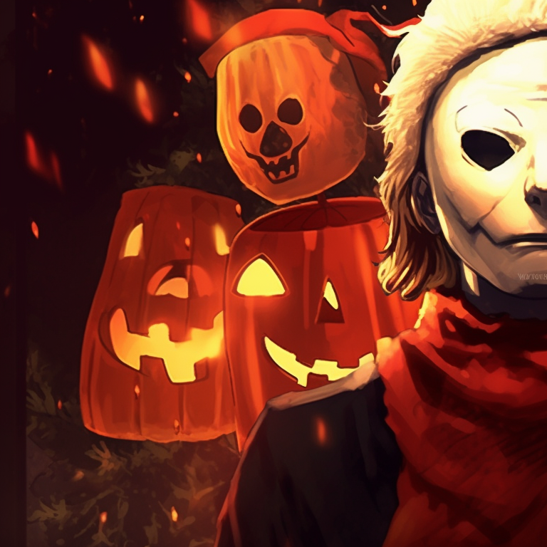 Detailed close-up of two interpretations of Michael Myers, accented with Christmas elements. celebrate christmas with michael myers pfp pfp for discord.