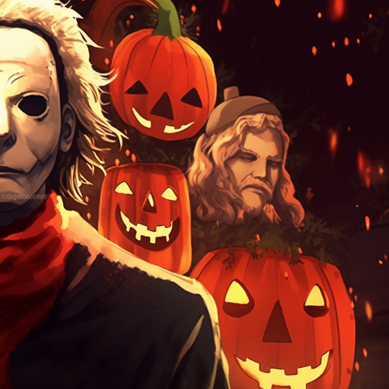 Detailed close-up of two interpretations of Michael Myers, accented with Christmas elements. celebrate christmas with michael myers pfp pfp for discord.