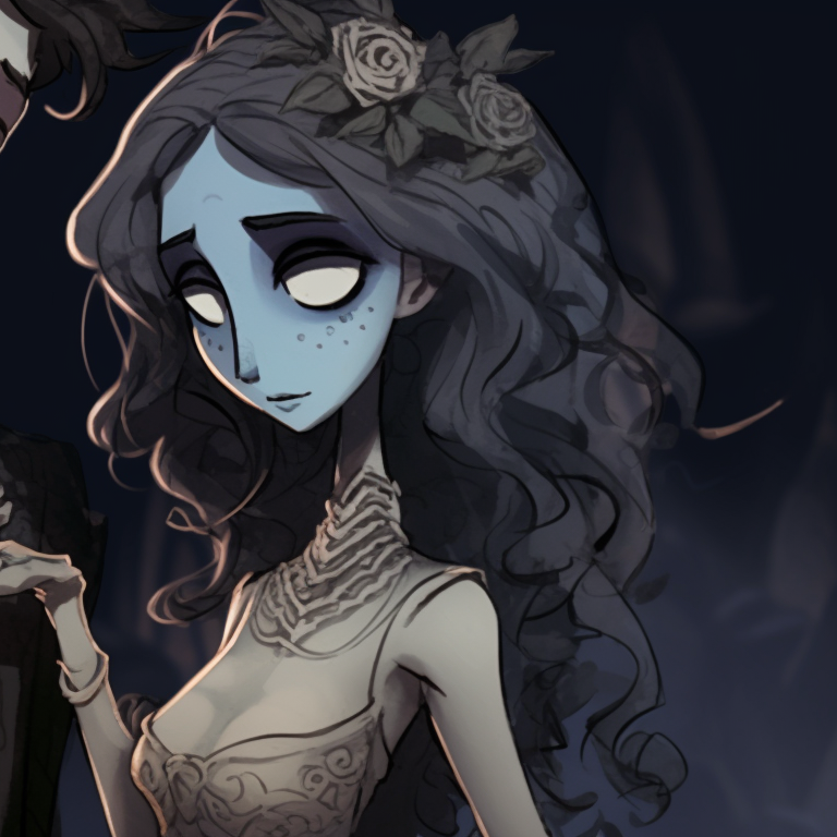 A intertwined pair cast under a spooky light, the Corpse Bride and her groom share a ghostly bond. hd pfp corpse bride pfp for discord.