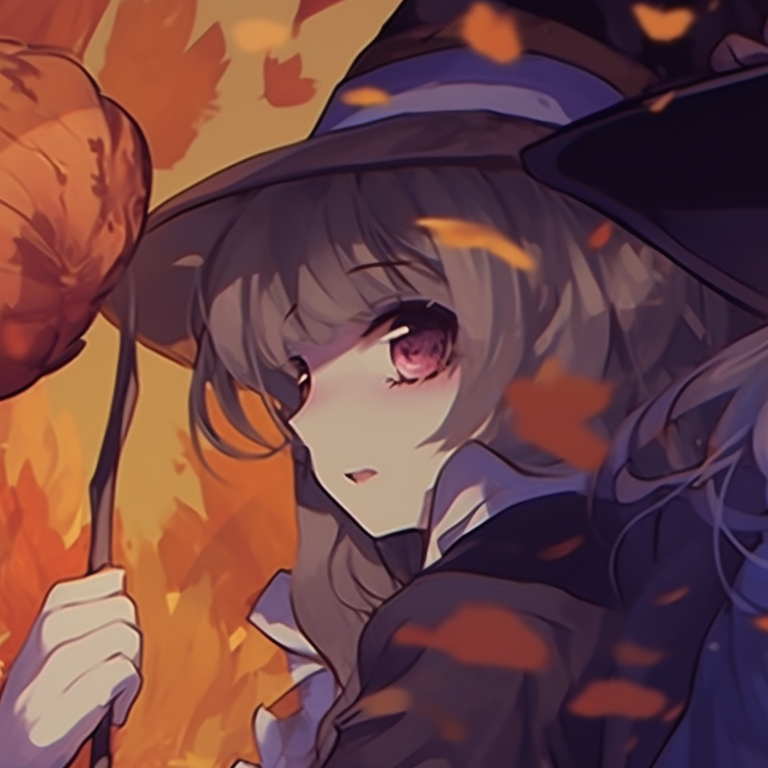 Matching anime characters in a pumpkin patch, one holding a lantern and the other a harvested pumpkin, earthy tones being used prominently. thanksgiving matching pfp with halloween theme for her pfp for discord.