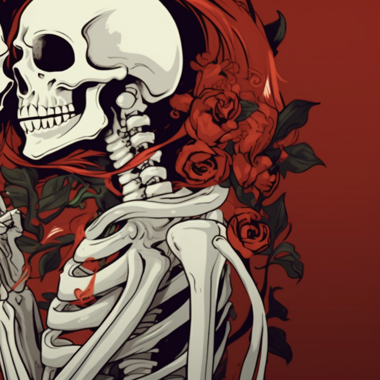 Two ghostly figures in festive attire exchanging a kiss, drawn in bold lines and striking earthy tones. santa skeletons - matching christmas pfp, kissing style pfp for discord.