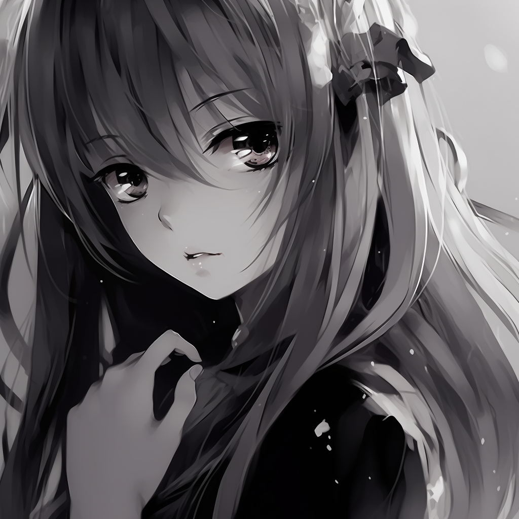 Black and white image of a coy-looking anime girl, with her eyes playing a character. anime pfp girl in black and whiteHD, free download