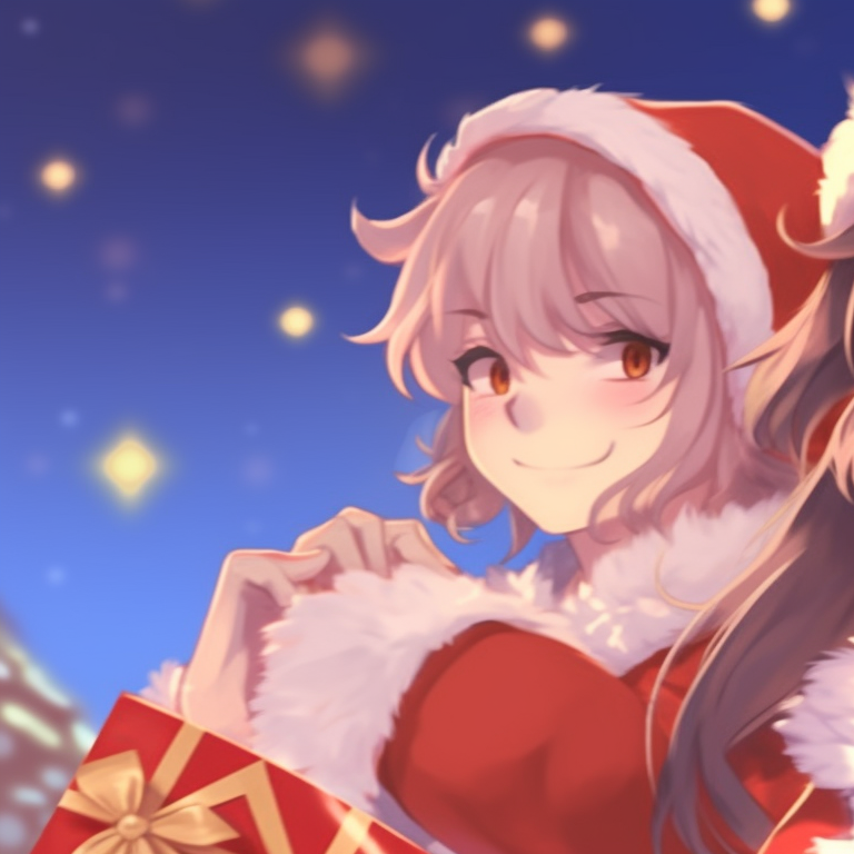 Two anime characters donned in jingle bells, gleaming metallic details, cheerful expressions captured. festive matching discord pfp christmas pfp for discord.