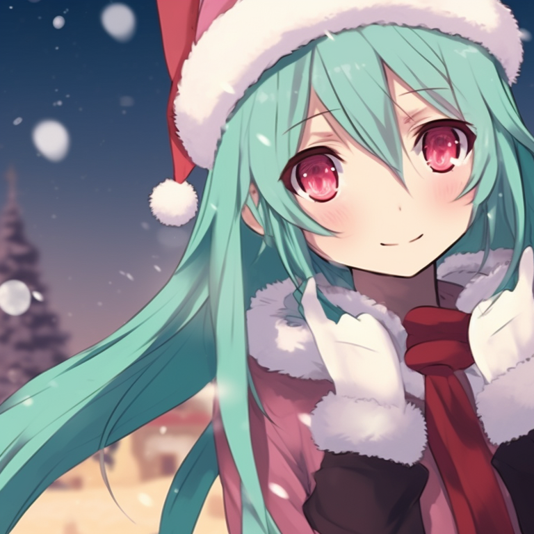 Hatsune Miku characters in matching winter outfits, detailed embroidery and cool colors, whispering secrets. christmas with hatsune miku matching pfp pfp for discord.