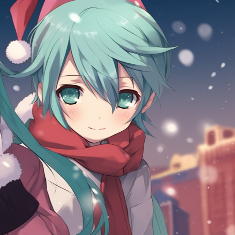 Hatsune Miku characters in matching winter outfits, detailed embroidery and cool colors, whispering secrets. christmas with hatsune miku matching pfp pfp for discord.