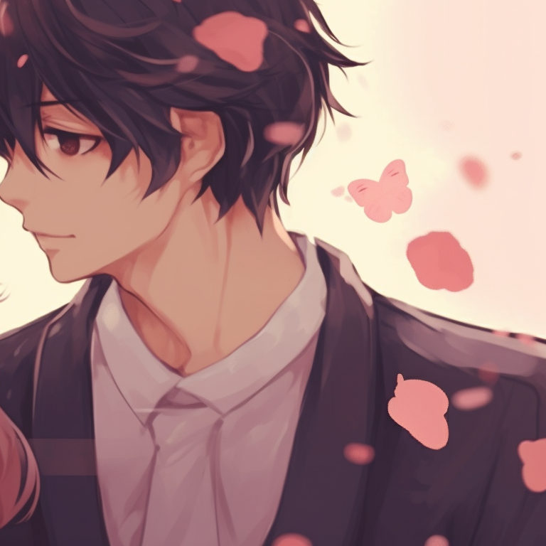 Two characters side-by-side, soft pastel colors and a shower of cherry blossom petals. anime matching pfp romantic couple pfp for discord.