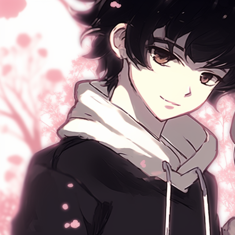 Two characters under a cherry blossom tree, pink hues dominating the picture, detailed costumes. instagram cute matching pfp for anime lovers pfp for discord.