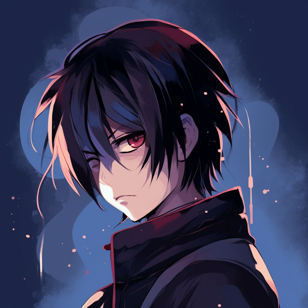 Sasuke Uchiha from Naruto Shippuden, dark color scheme with vibrant eye detail. anime guy pfp in popular series pfp for discord.