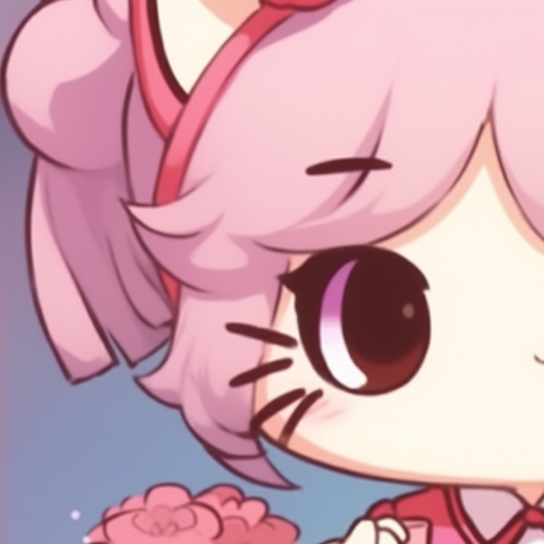 Two characters in a close-up shot, half-frames showing matching Hello Kitty necklaces. hello kitty themed matching pfp pfp for discord.