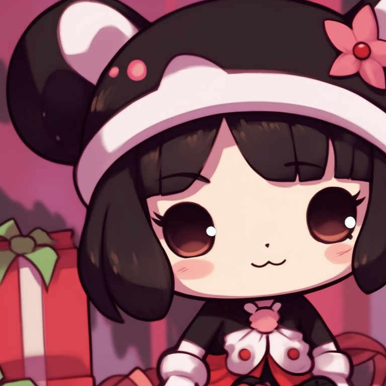 Two characters with surprise gifts, use of vibrant tones and high contrast. matching kuromi christmas pfp themes pfp for discord.