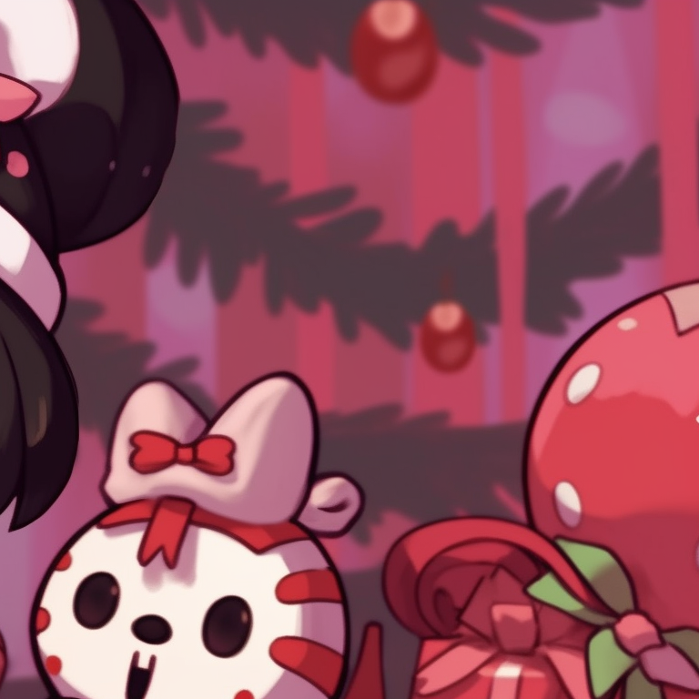 Two characters with surprise gifts, use of vibrant tones and high contrast. matching kuromi christmas pfp themes pfp for discord.