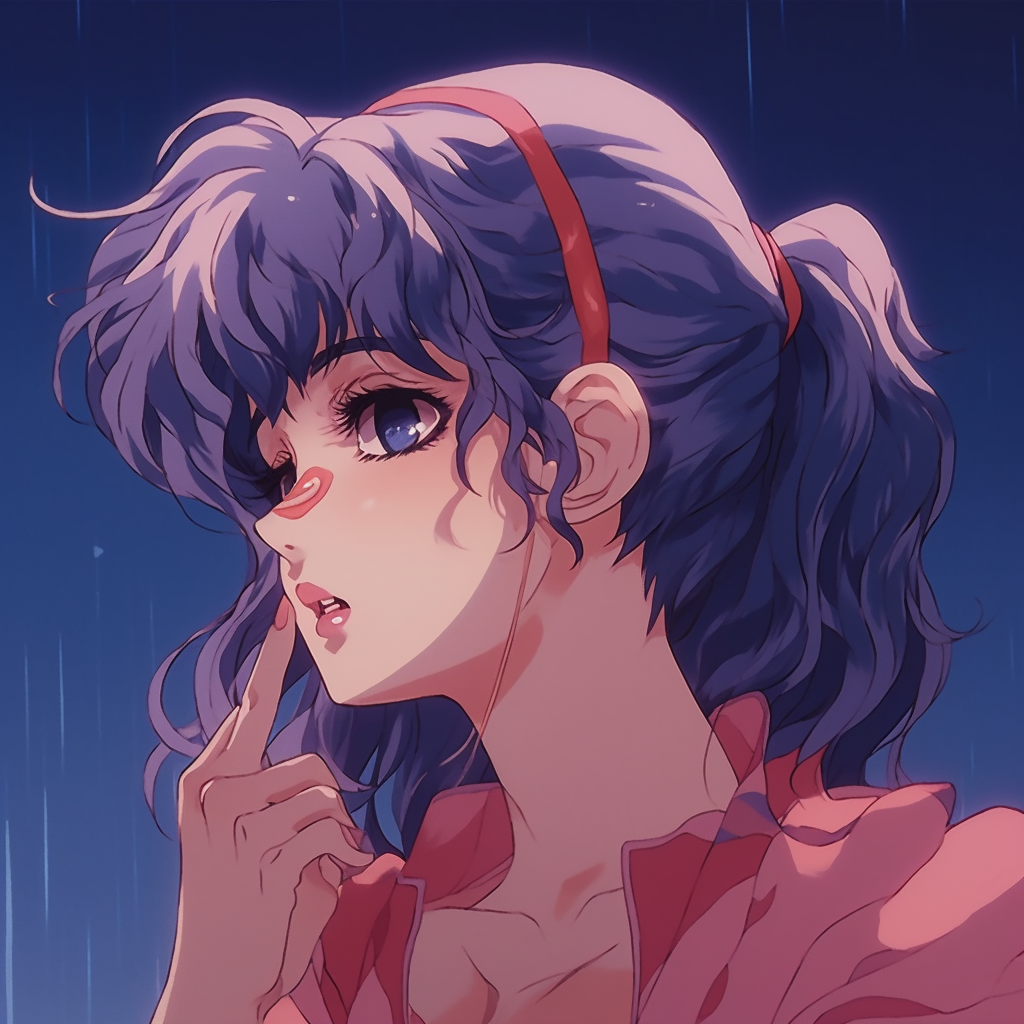 Profile picture showing a femme anime character from the 90s, featuring a neon color palette. 90s anime pfp girl with aesthetic visuals