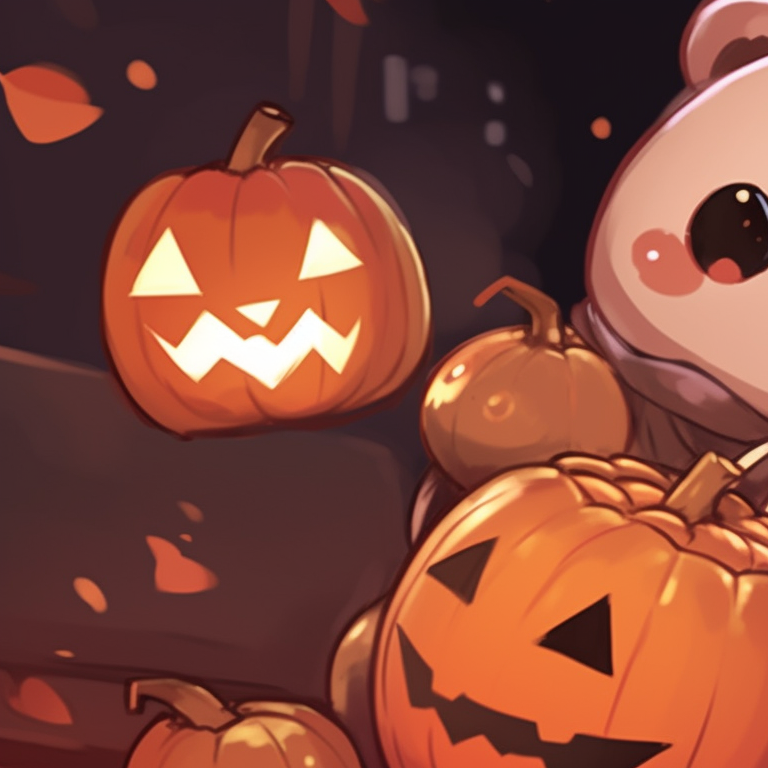 Mocha and milk-toned bear characters, frolicking amidst flying bats and pumpkins. mocha bear and milk bear halloween themed matching pfp pfp for discord.