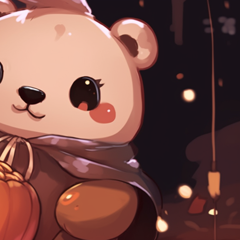 Mocha and milk-toned bear characters, frolicking amidst flying bats and pumpkins. mocha bear and milk bear halloween themed matching pfp pfp for discord.