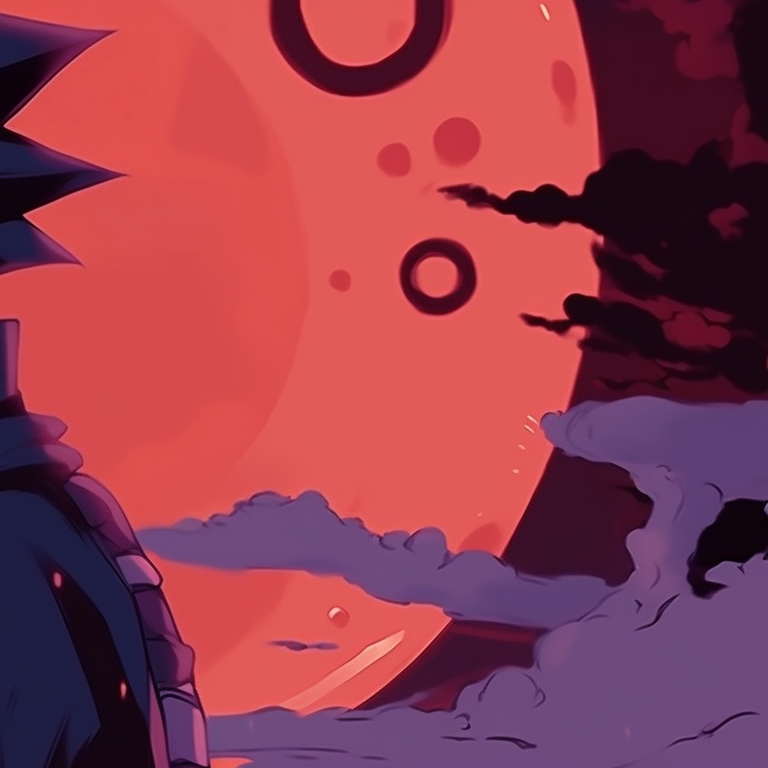 Naruto and Sasuke in their Halloween attire, high contrast and bold outlines, featuring their distinct Sharingan and Rinnegan. sharingan and rinnegan naruto, sasuke halloween pfp pfp for discord.