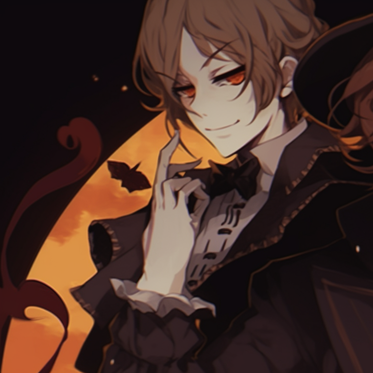 A standoff between Dazai and Chuuya in Halloween outfits, intense red and black colours dominate. osamu dazai halloween anime pfp pfp for discord.