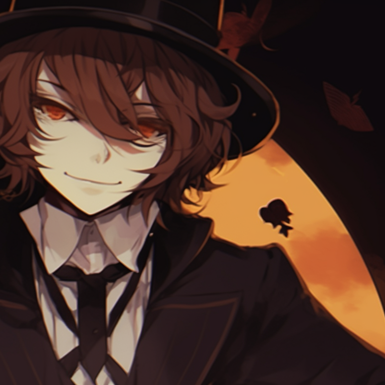 A standoff between Dazai and Chuuya in Halloween outfits, intense red and black colours dominate. osamu dazai halloween anime pfp pfp for discord.