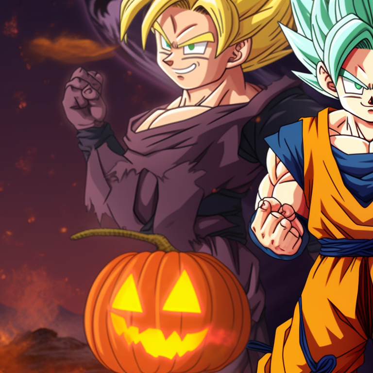 Two characters in a tense standoff, detailed moonlit background and deep autumn colors. cool dragon ball halloween themed pfp pfp for discord.