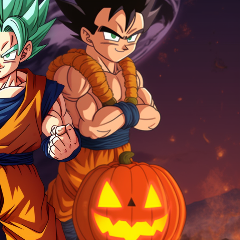 Two characters in a tense standoff, detailed moonlit background and deep autumn colors. cool dragon ball halloween themed pfp pfp for discord.