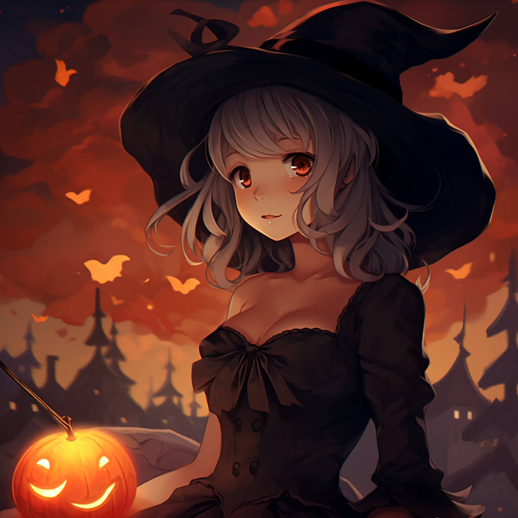 Profile view of Kiki, with glowing pumpkins and twilight background. ideas for anime halloween pfp