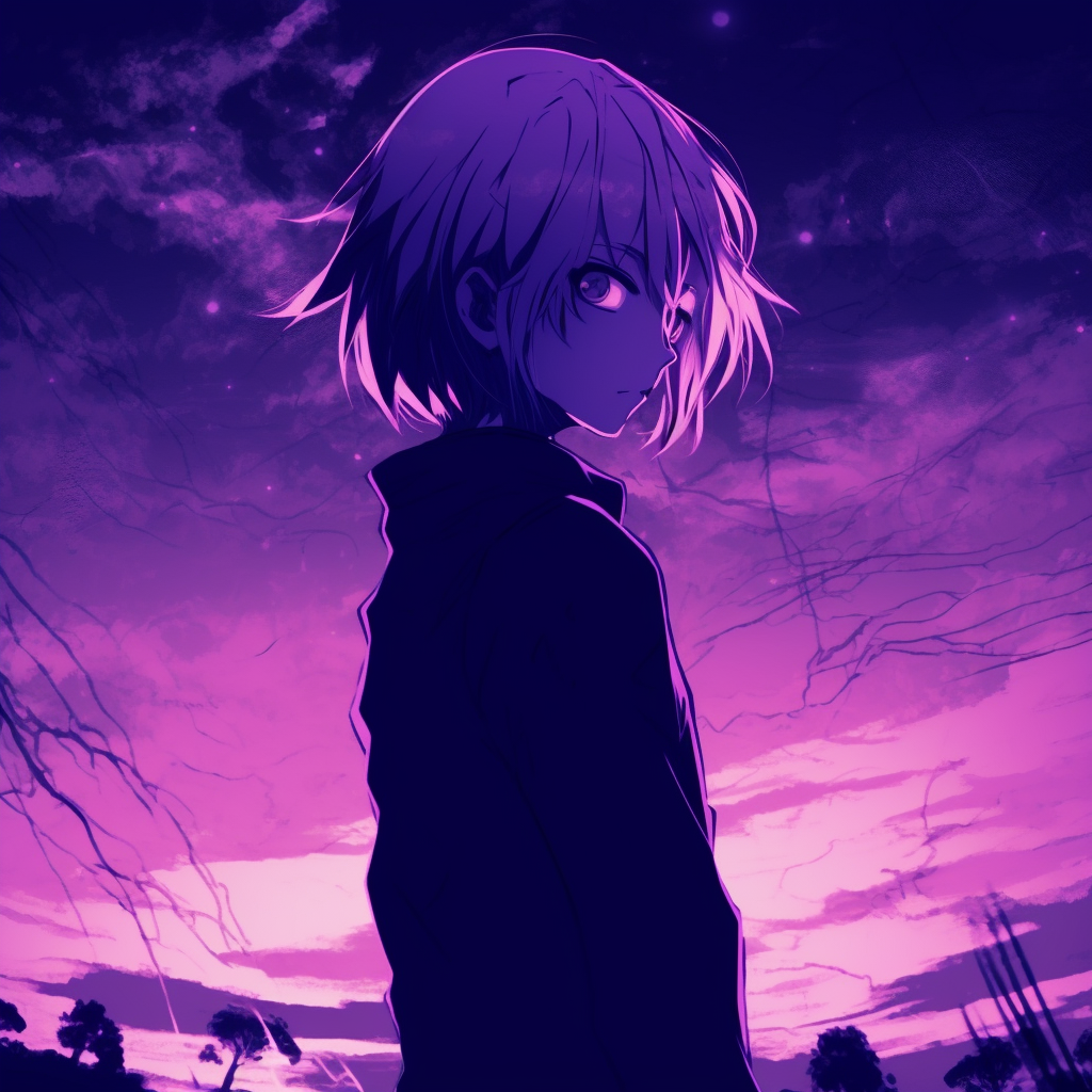 An anime boy under a stunning purple sky, showcasing its atmospheric effects and the character's subdued tones. anime purple pfp inspirations pfp for discord.