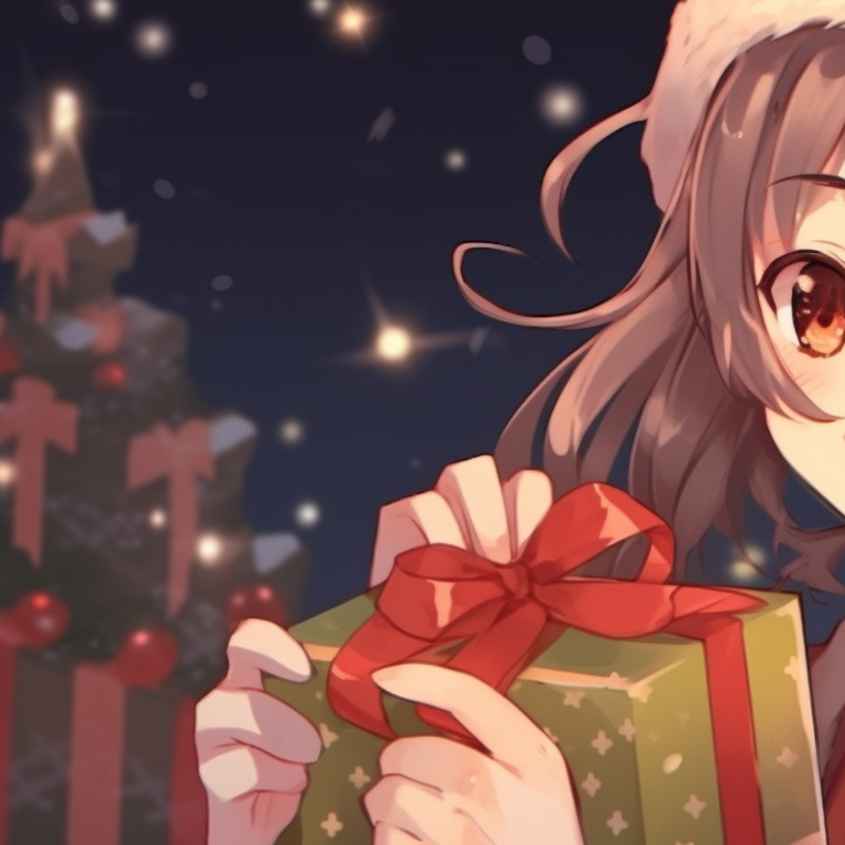 Two characters, warm colors and comforting soft lines, holding Christmas gifts to each other. christmas themed matching discord pfp for girls pfp for discord.