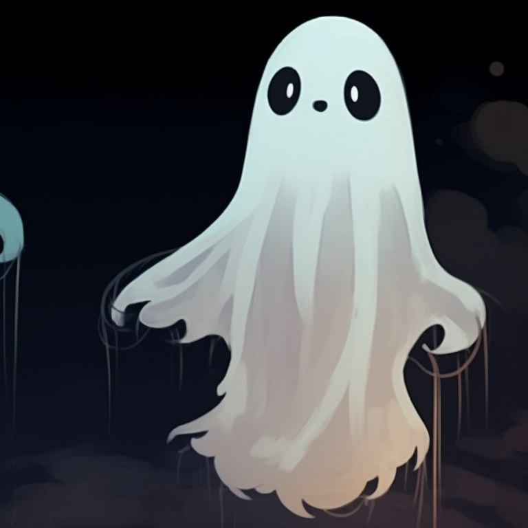 Two ghost characters under a moonlit sky, chilling colors and scary Halloween mood. animated ghost for halloween theme pfp for discord.