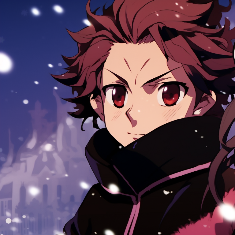 Inosuke and Mitsuri exchanging gifts, pastel tones and festive wrapping. demon slayer christmas pfp ideas pfp for discord.