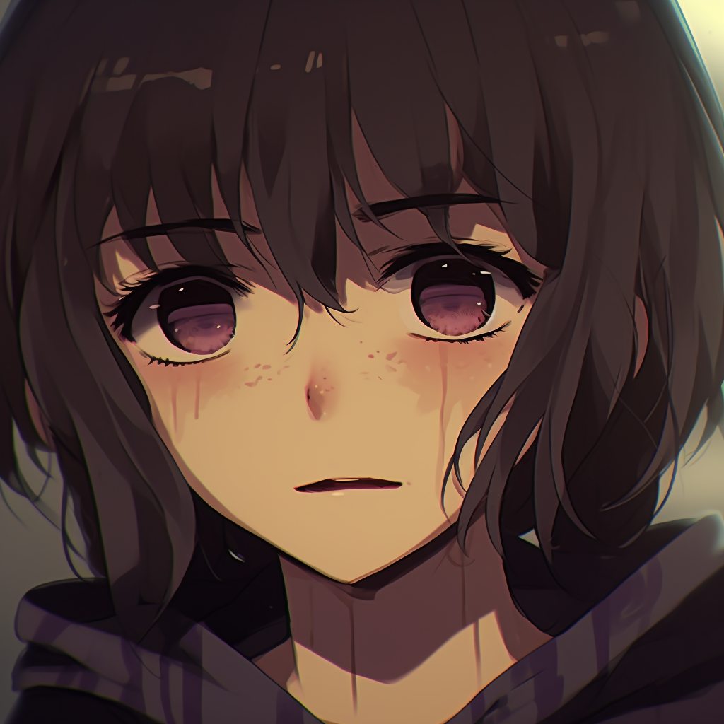 Focus on an anime character's teary eyes and clenched fist, adding a sense of distress. artistic sad anime pfpHD, free download