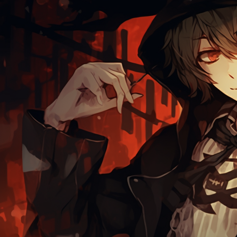 Two characters with subtle smirks, minimalist style, adorned in Halloween apparel. chuuya nakahara halloween pfp pfp for discord.