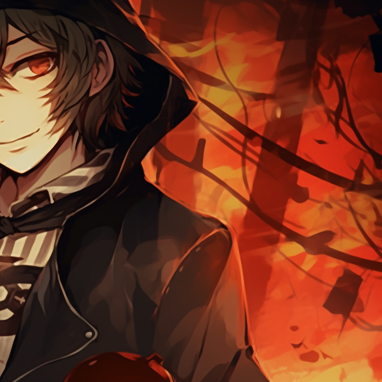 Two characters with subtle smirks, minimalist style, adorned in Halloween apparel. chuuya nakahara halloween pfp pfp for discord.