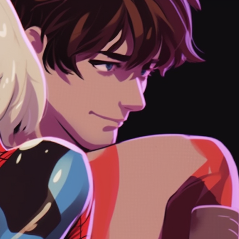 Miles and Gwen, vivid colors and energetic poses, illustrating their spidey energy. artistic miles and gwen matching pfp pfp for discord.