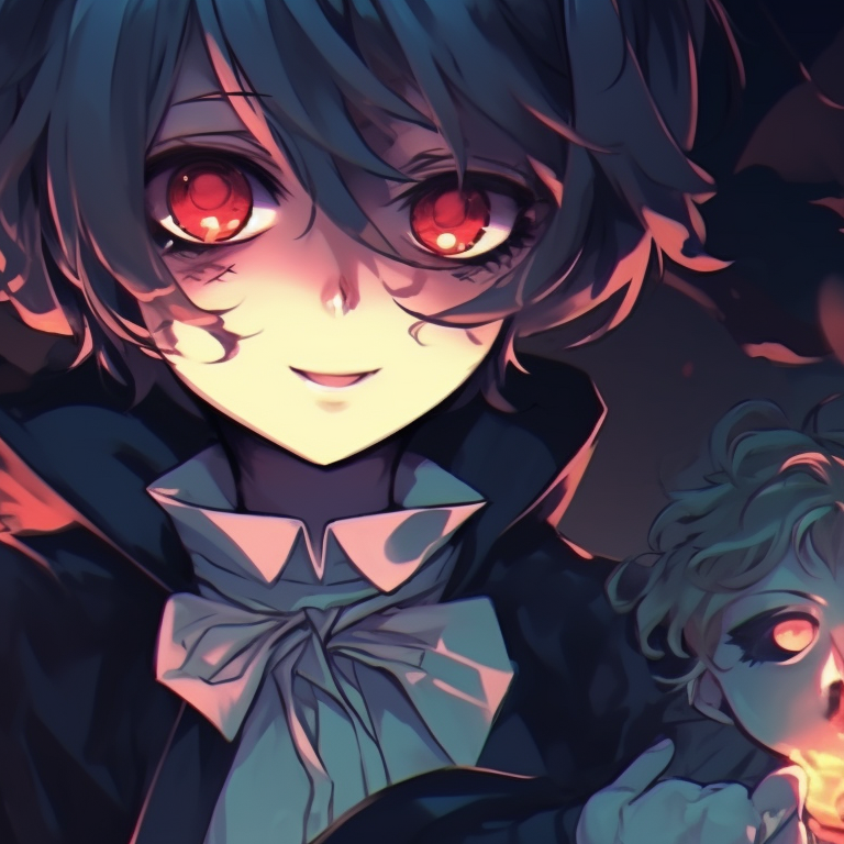 Two characters as romantic vampires, in a gothic setting, rich colors and elaborate costumes. halloween anime themed discord pfp matching ideas pfp for discord.