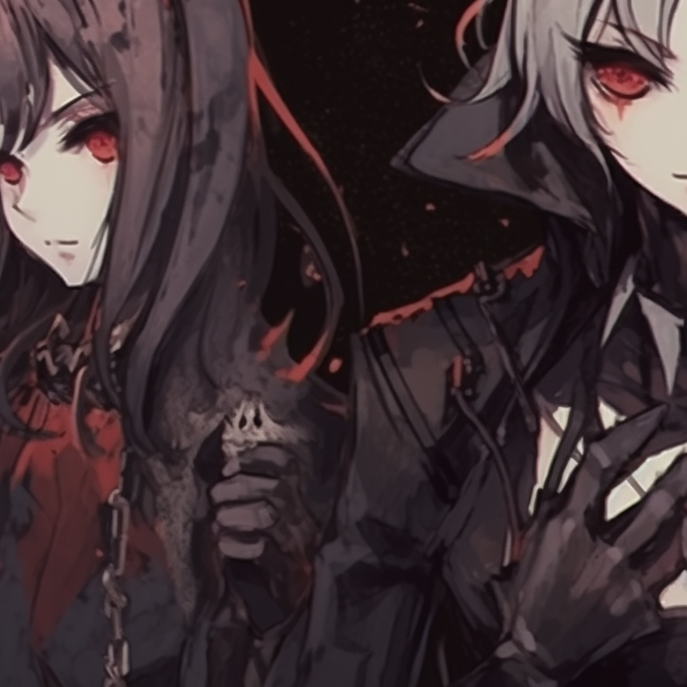 Three characters with ghostly costumes and props, combination of cool and warm colors, standing back-to-back. trio pfp for halloween pfp for discord.