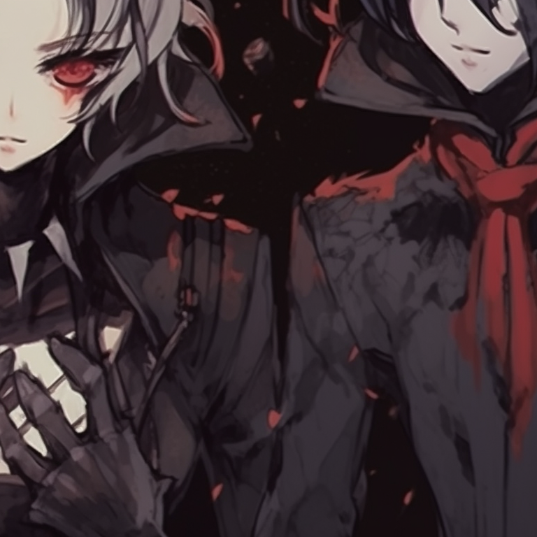 Three characters with ghostly costumes and props, combination of cool and warm colors, standing back-to-back. trio pfp for halloween pfp for discord.