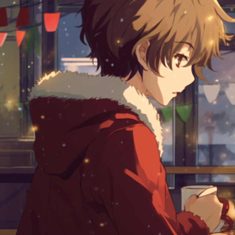 Two characters at a Christmas-themed cafe, warm tones and detailed decor. whimsical matching gif christmas pfp pfp for discord.