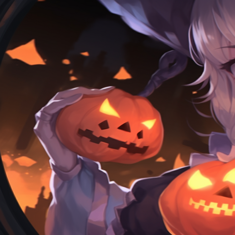 Two characters holding a glowing pumpkin, cool tones and playful expressions. genshin inspired halloween matching pfp pfp for discord.