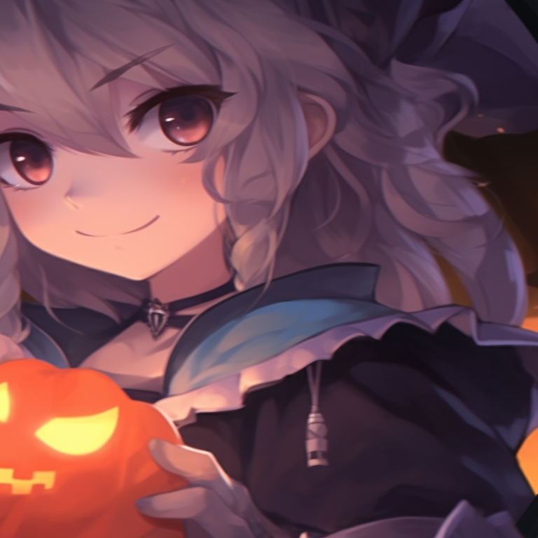 Two characters holding a glowing pumpkin, cool tones and playful expressions. genshin inspired halloween matching pfp pfp for discord.
