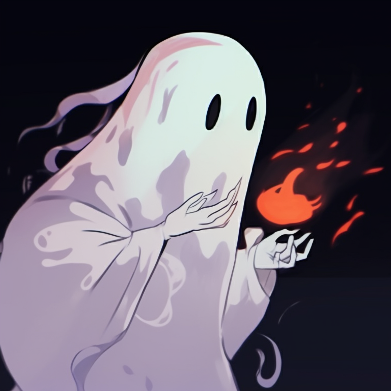 Two spirits under a flickering Jack-o'-lantern, shadowy colors and Halloween atmosphere. animated ghost for halloween theme pfp for discord.