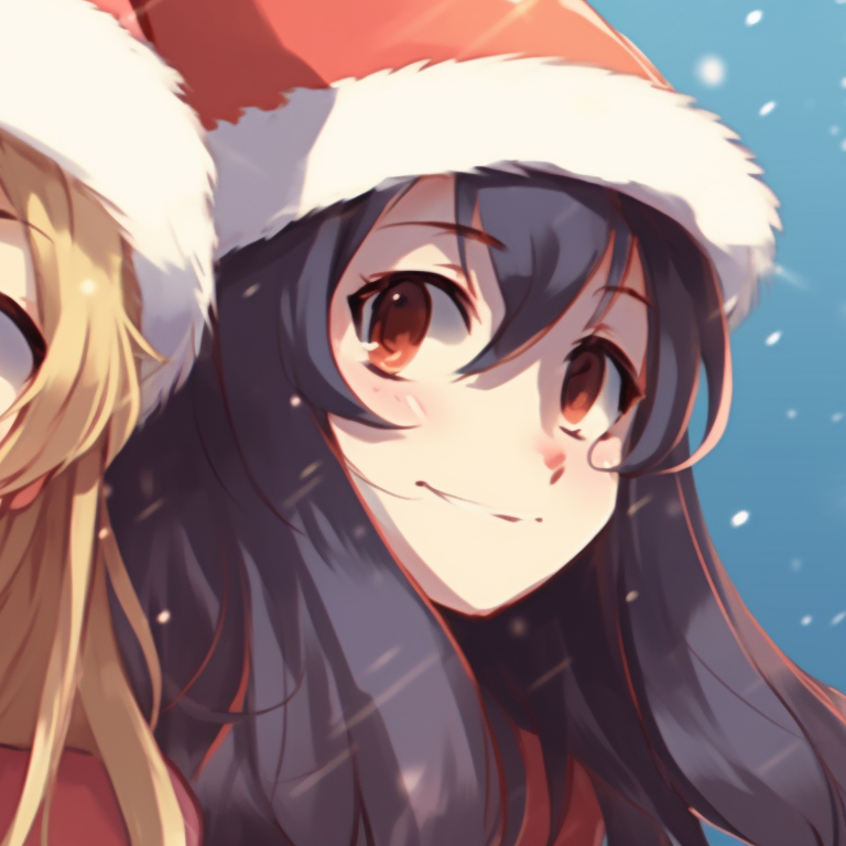 Two characters in matching Santa hats, harmonious colors and smiles. trendy matching christmas pfp gif pfp for discord.