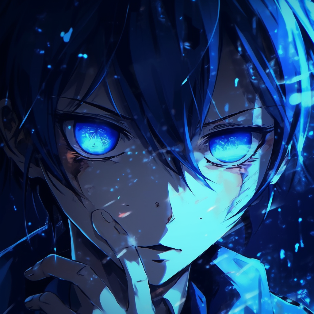 Intricate detailing of glowing blue anime eyes, highlighting the intensity and emotion. variety of blue anime pfp