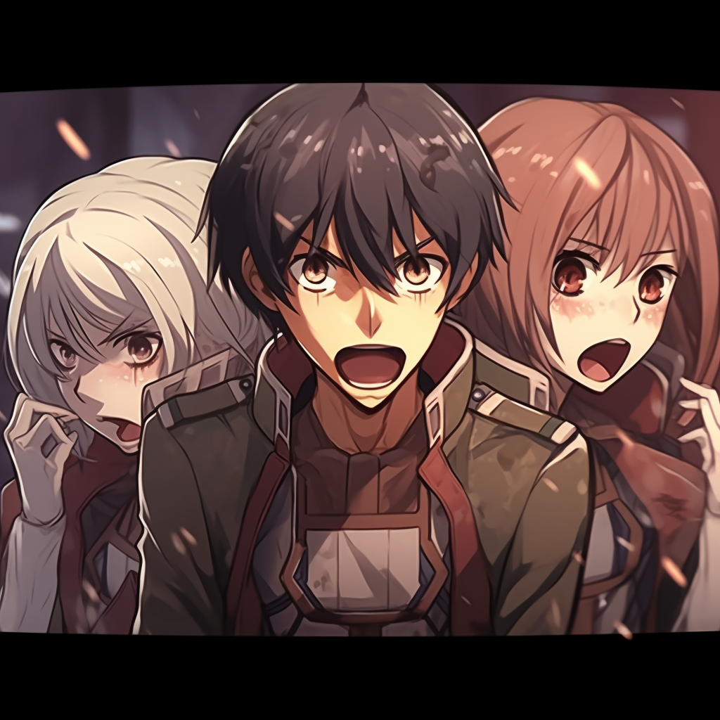 A super-detailed close-up of Attack on Titan characters, showing piercing eyes and expressive brows. anime 3 matching pfp unique styles