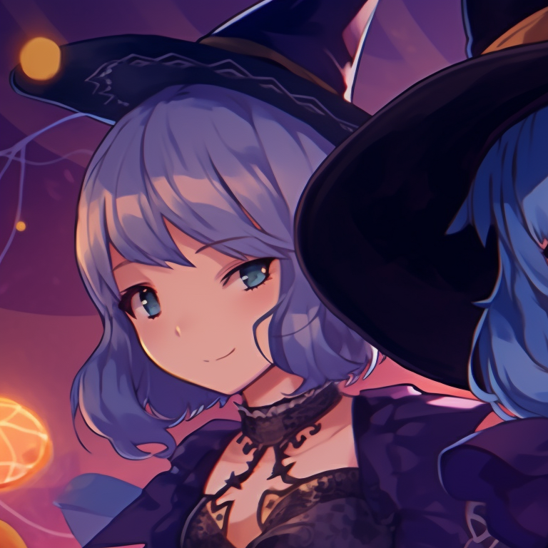 Two characters dressed as witches, vibrant colors and Halloween-inspired props. halloween-themed project sekai matching pfps pfp for discord.