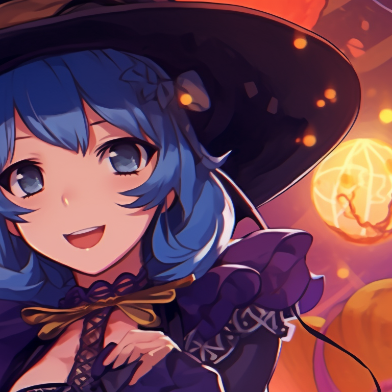 Two characters dressed as witches, vibrant colors and Halloween-inspired props. halloween-themed project sekai matching pfps pfp for discord.
