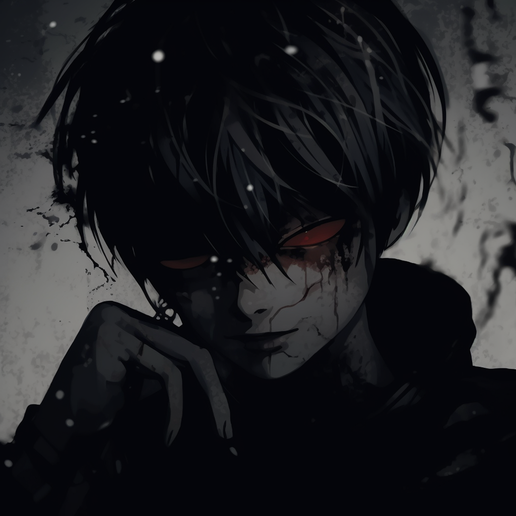 Kaneki Ken in grunge style featuring desaturated colors, high contrast and detailed line work. edgy grunge anime pfp