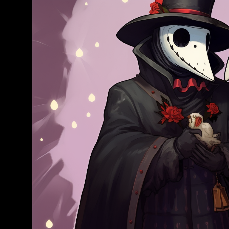 Two plague doctors amidst a snowy backdrop, high contrast and clear detailing. matching plague doctor pfp christmas edition pfp for discord.