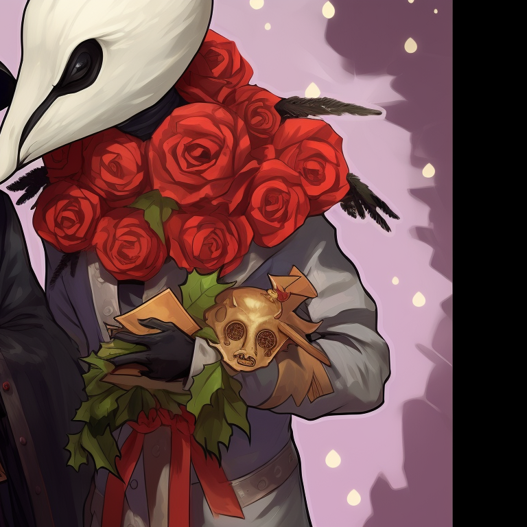 Two plague doctors amidst a snowy backdrop, high contrast and clear detailing. matching plague doctor pfp christmas edition pfp for discord.