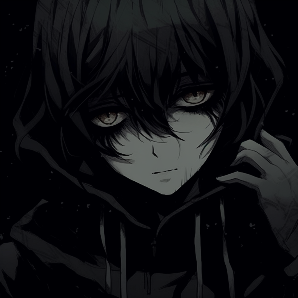 Anime boy wearing a dark cloak, detailed folds and muted palette. mysterious dark anime pfp boy