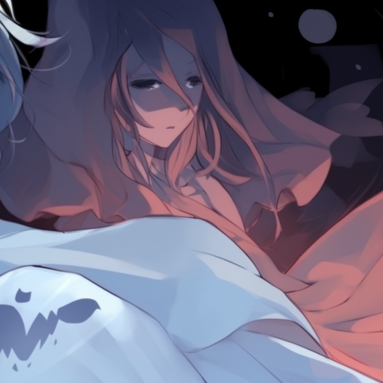 Two characters garbed in ghostly bed sheets, soft blues and greys, floating side-by-side. matching pfp for discord halloween theme: spooky pfp for discord.