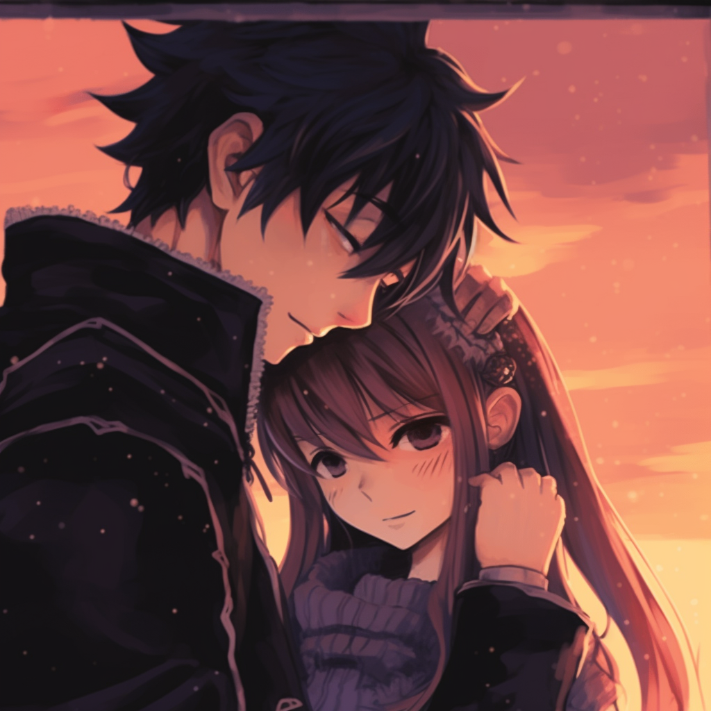 Natsu and Lucy in a dynamic pose, showcasing the energy of their bond. compelling anime pfp couple content pfp for discord.